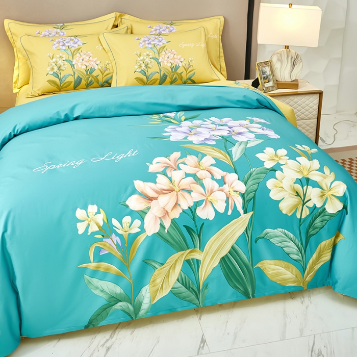 91家纺网 家纺一手货源 找家纺 雲归梦2023新款13372全棉活性大版印花简约居家四件套 花音蓝