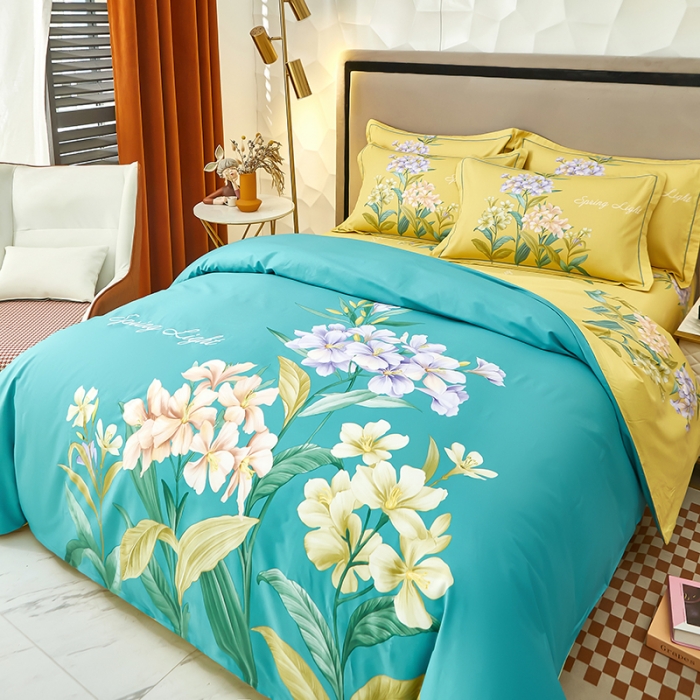 91家纺网 家纺一手货源 找家纺 雲归梦2023新款13372全棉活性大版印花简约居家四件套 花音蓝