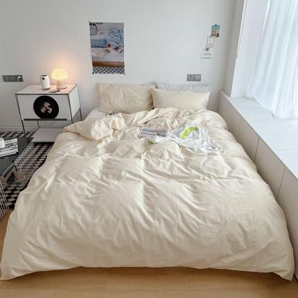 91家纺网 家纺一手货源 找家纺 猪先生 2022新款极简风纯棉床盖床笠四件套 鹅黄+极简白