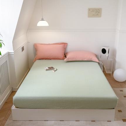 91家纺网 家纺一手货源 找家纺 嘉汀兰 2023新款全棉色织水洗棉纯色撞色款单床笠 薄荷绿