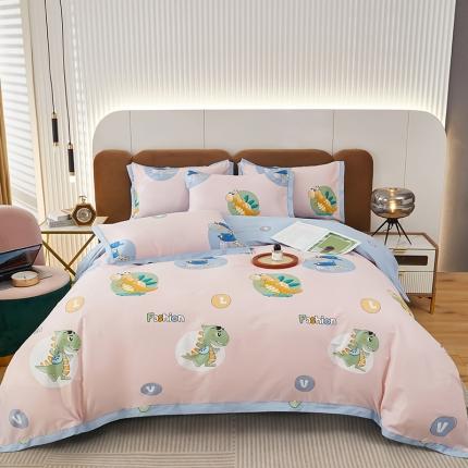 91家纺网 家纺一手货源 找家纺 雲归梦 新款13372全棉活性工艺款小版印花四件套 恐龙世界粉