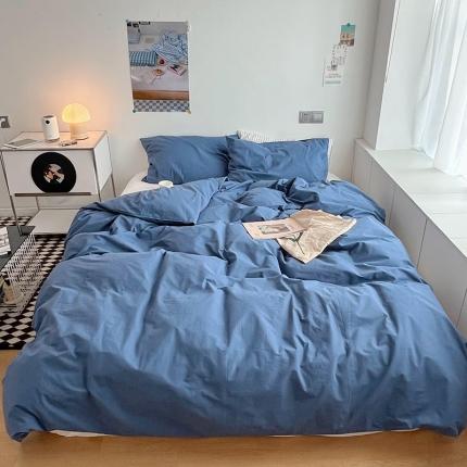 猪先生 2022新款极简风纯棉床盖床笠四件套 海蓝+极简白