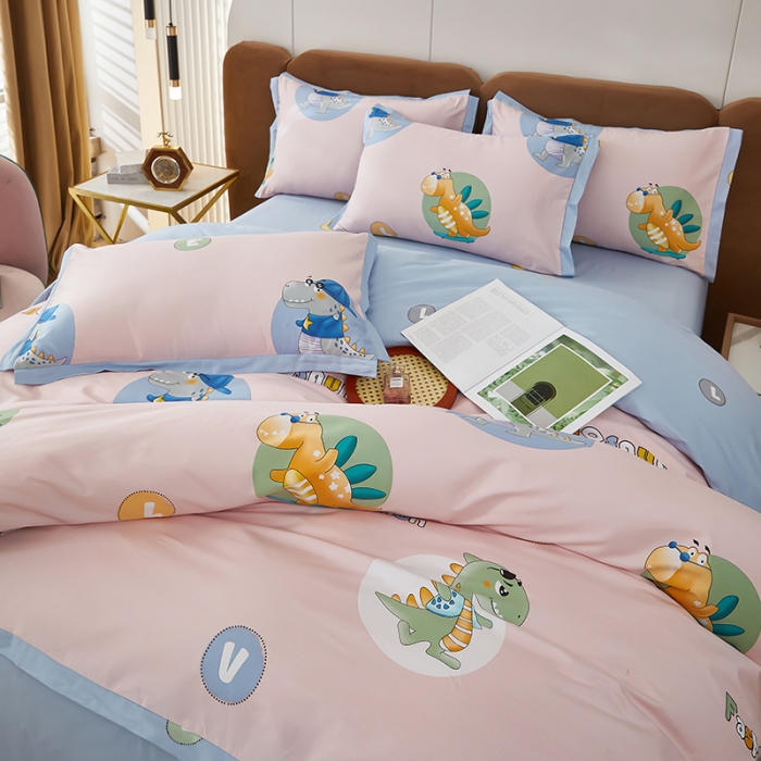 91家纺网 家纺一手货源 找家纺 雲归梦 新款13372全棉活性工艺款小版印花四件套 恐龙世界粉