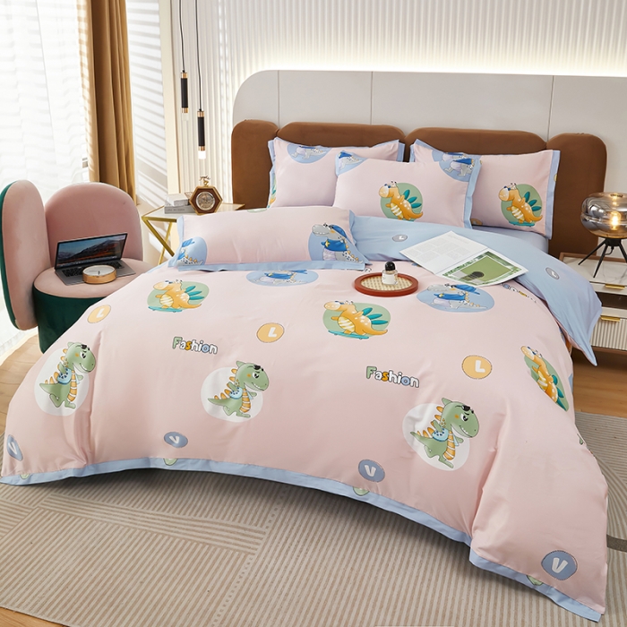 91家纺网 家纺一手货源 找家纺 雲归梦 新款13372全棉活性工艺款小版印花四件套 恐龙世界粉