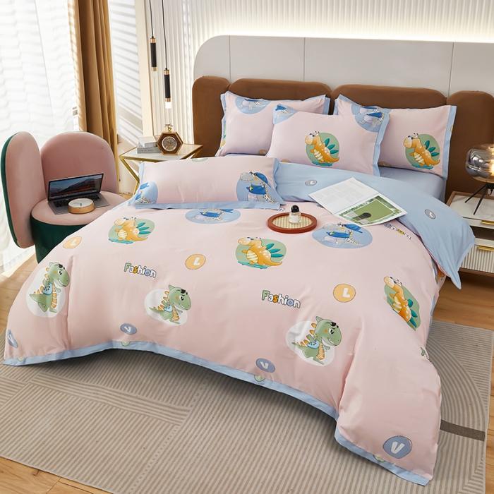 91家纺网 家纺一手货源 找家纺 雲归梦 新款13372全棉活性工艺款小版印花四件套 恐龙世界粉