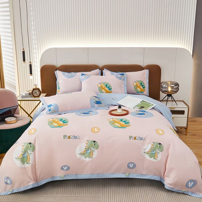 91家纺网 家纺一手货源 找家纺 雲归梦 新款13372全棉活性工艺款小版印花四件套 恐龙世界粉