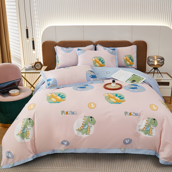 91家纺网 家纺一手货源 找家纺 雲归梦 新款13372全棉活性工艺款小版印花四件套 恐龙世界粉