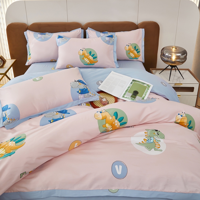 91家纺网 家纺一手货源 找家纺 雲归梦 新款13372全棉活性工艺款小版印花四件套 恐龙世界粉