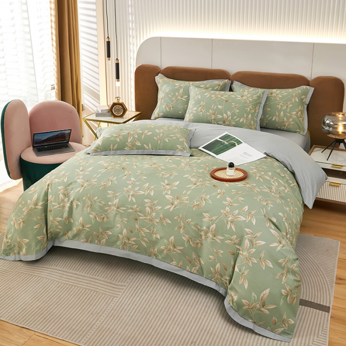 91家纺网 家纺一手货源 找家纺 雲归梦 新款13372全棉活性工艺款小版印花四件套 微光绿