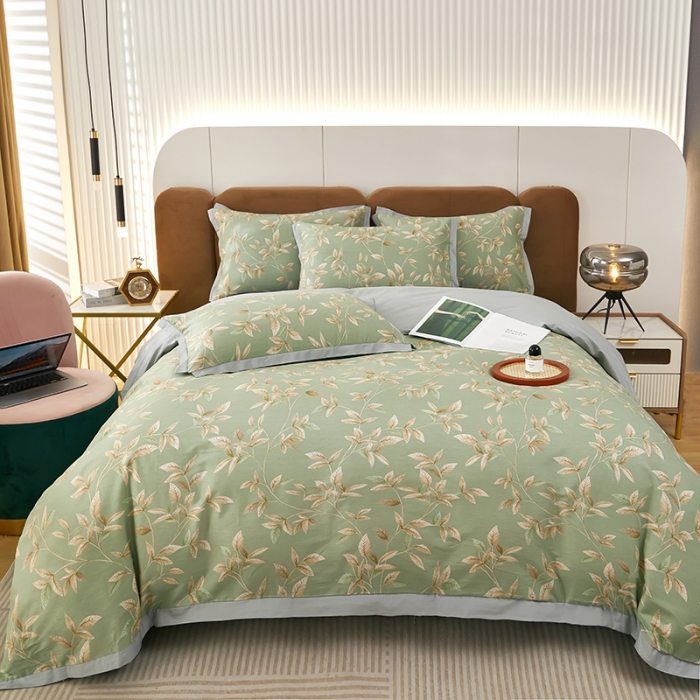 91家纺网 家纺一手货源 找家纺 雲归梦 新款13372全棉活性工艺款小版印花四件套 微光绿