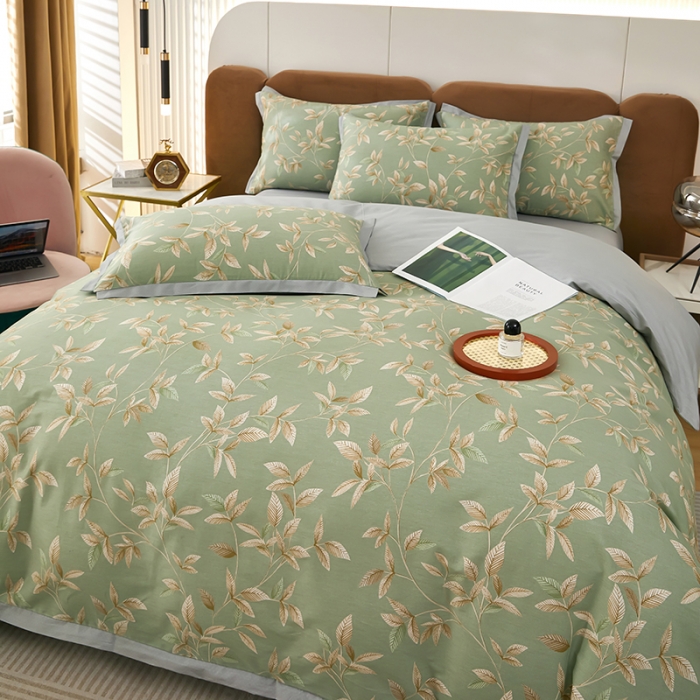 91家纺网 家纺一手货源 找家纺 雲归梦 新款13372全棉活性工艺款小版印花四件套 微光绿