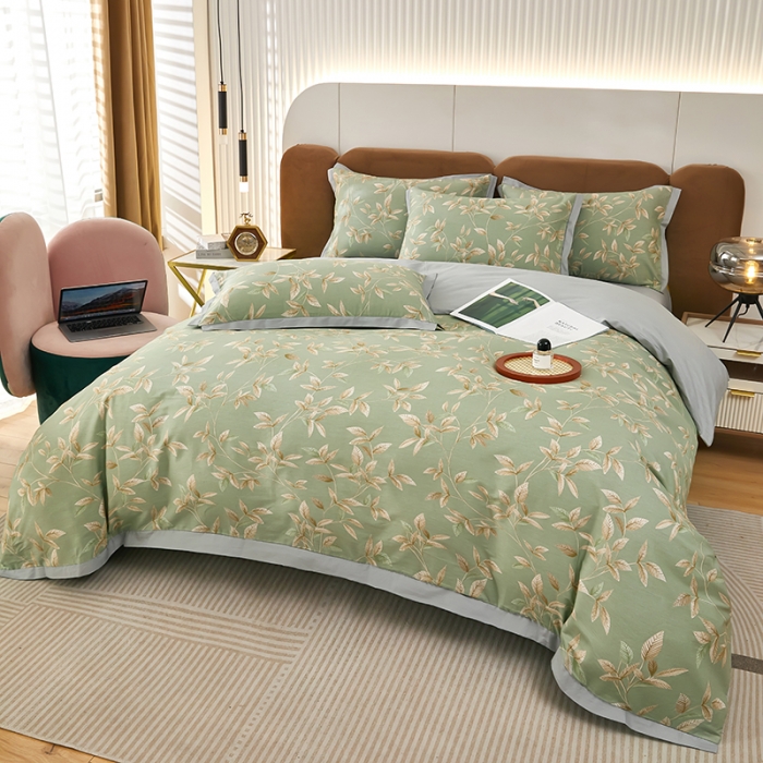 91家纺网 家纺一手货源 找家纺 雲归梦 新款13372全棉活性工艺款小版印花四件套 微光绿