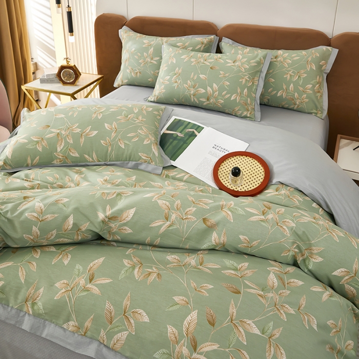 91家纺网 家纺一手货源 找家纺 雲归梦 新款13372全棉活性工艺款小版印花四件套 微光绿