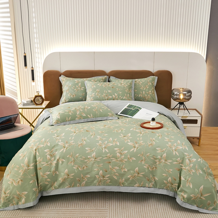 91家纺网 家纺一手货源 找家纺 雲归梦 新款13372全棉活性工艺款小版印花四件套 微光绿