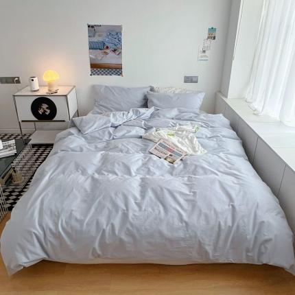 猪先生 2022新款极简风纯棉床盖床笠四件套 浅蓝+极简白