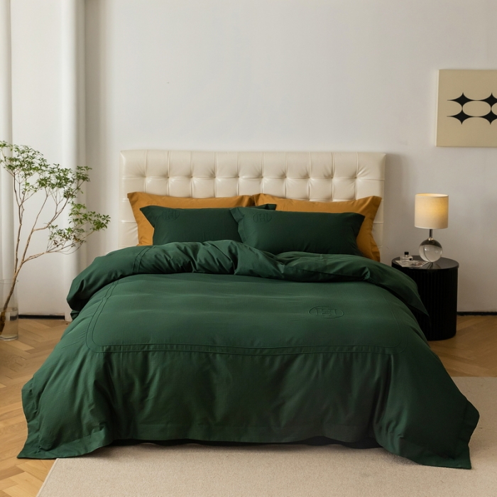 91家纺网 家纺一手货源 找家纺 艾莱 2023新款A类长绒棉水洗80提花埋线工艺款四件套 艾华仕-墨绿