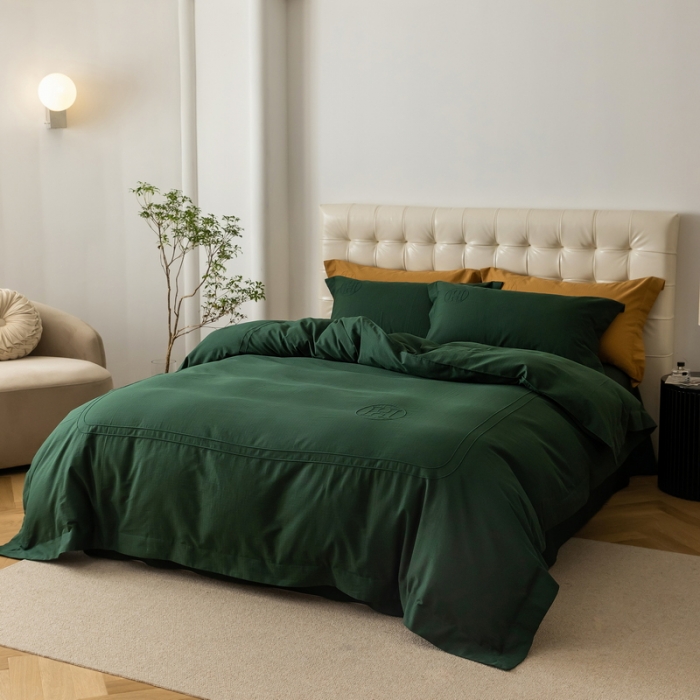 91家纺网 家纺一手货源 找家纺 艾莱 2023新款A类长绒棉水洗80提花埋线工艺款四件套 艾华仕-墨绿