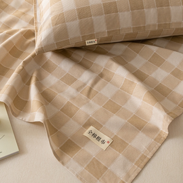 91家纺网 家纺一手货源 找家纺 卧趣家纺 2023新款全棉老粗布单品系列单床单 锦格-棕