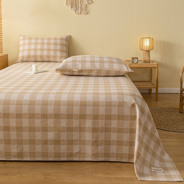 91家纺网 家纺一手货源 找家纺 卧趣家纺 2023新款全棉老粗布单品系列单床单 锦格-棕