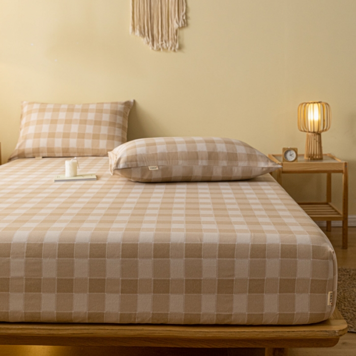 91家纺网 家纺一手货源 找家纺 卧趣家纺 2023新款全棉老粗布单品系列单床笠 锦格-棕