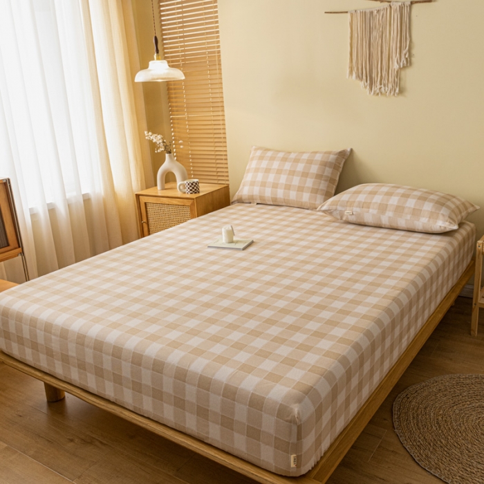 91家纺网 家纺一手货源 找家纺 卧趣家纺 2023新款全棉老粗布单品系列单床笠 锦格-棕