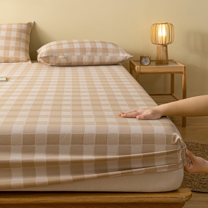 91家纺网 家纺一手货源 找家纺 卧趣家纺 2023新款全棉老粗布单品系列单床笠 锦格-棕