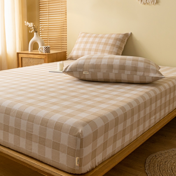 91家纺网 家纺一手货源 找家纺 卧趣家纺 2023新款全棉老粗布单品系列单床笠 锦格-棕