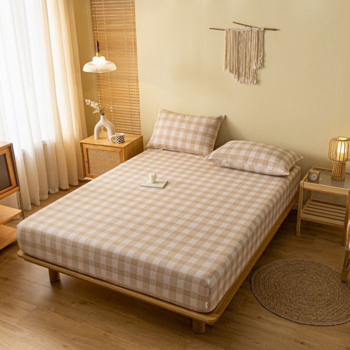 91家纺网 家纺一手货源 找家纺 卧趣家纺 2023新款全棉老粗布单品系列单床笠 锦格-棕