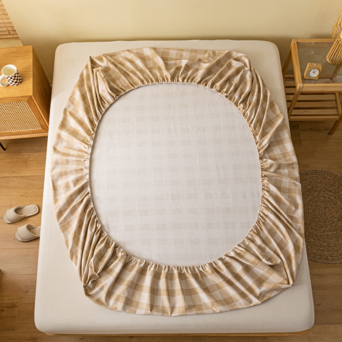 91家纺网 家纺一手货源 找家纺 卧趣家纺 2023新款全棉老粗布单品系列单床笠 锦格-棕