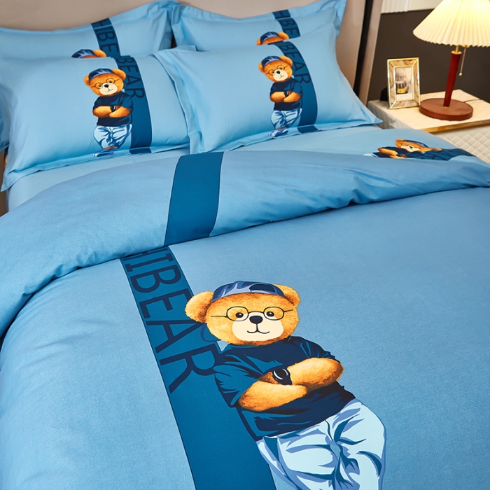 91家纺网 家纺一手货源 找家纺 雲归梦2022年新款加厚全棉大版四件套第二批-格条卡通 潮酷熊蓝