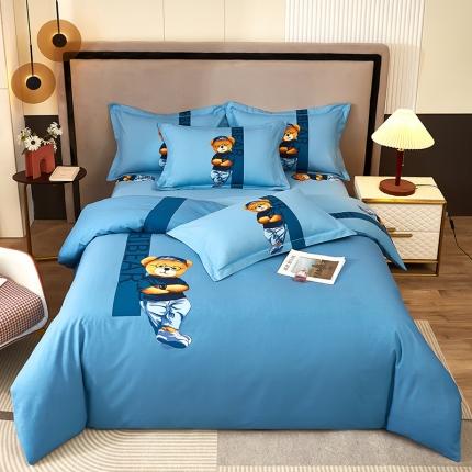 雲归梦2022年新款加厚全棉大版四件套第二批-格条卡通 潮酷熊蓝