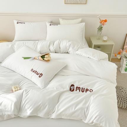 曼谷 新款纯色简约刺绣四件套柔软磨毛床上用品水洗棉套件 梦-纯白