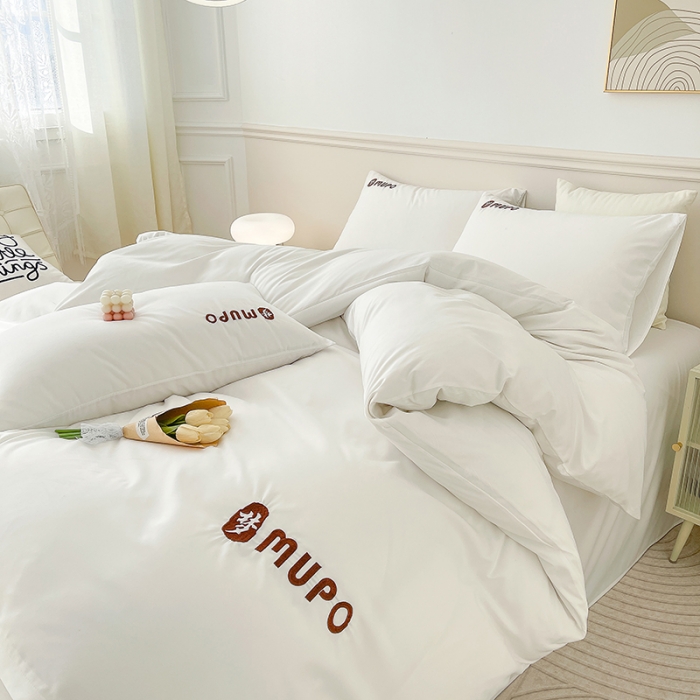 91家纺网 家纺一手货源 找家纺 曼谷 新款纯色简约刺绣四件套柔软磨毛床上用品水洗棉套件 梦-纯白