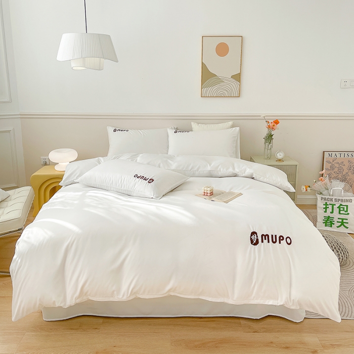 91家纺网 家纺一手货源 找家纺 曼谷 新款纯色简约刺绣四件套柔软磨毛床上用品水洗棉套件 梦-纯白