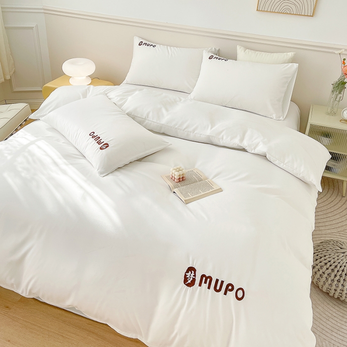 91家纺网 家纺一手货源 找家纺 曼谷 新款纯色简约刺绣四件套柔软磨毛床上用品水洗棉套件 梦-纯白