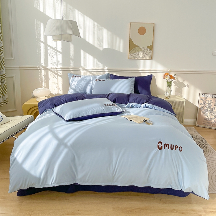 91家纺网 家纺一手货源 找家纺 曼谷 新款纯色简约刺绣四件套柔软磨毛床上用品水洗棉套件 梦-蓝藏青