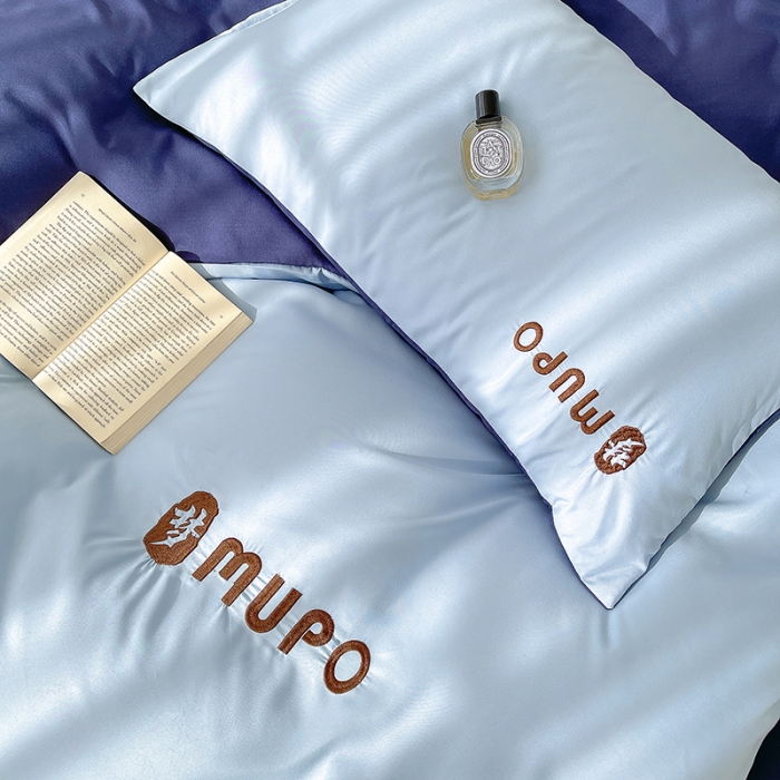 91家纺网 家纺一手货源 找家纺 曼谷 新款纯色简约刺绣四件套柔软磨毛床上用品水洗棉套件 梦-蓝藏青