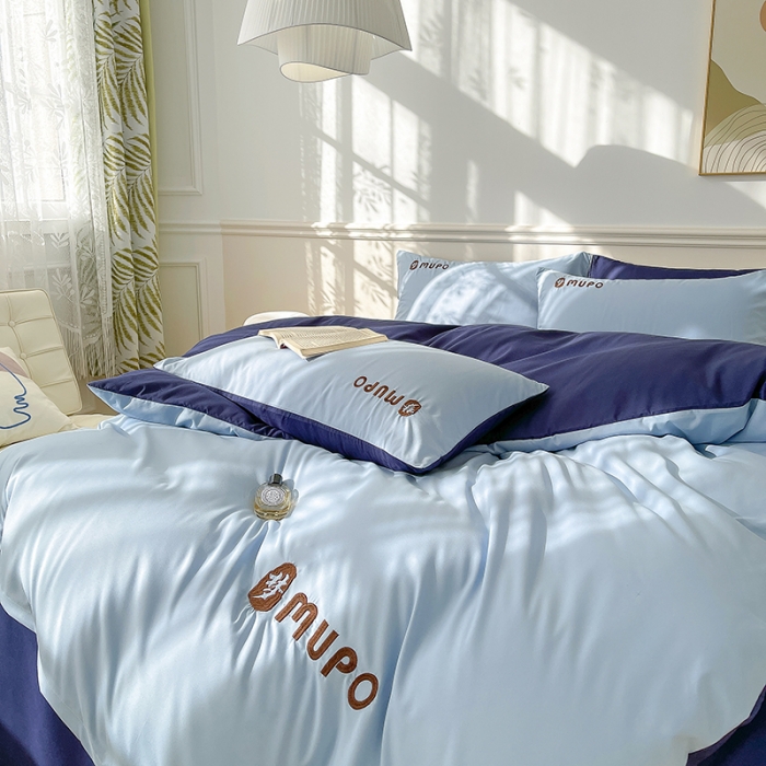 91家纺网 家纺一手货源 找家纺 曼谷 新款纯色简约刺绣四件套柔软磨毛床上用品水洗棉套件 梦-蓝藏青