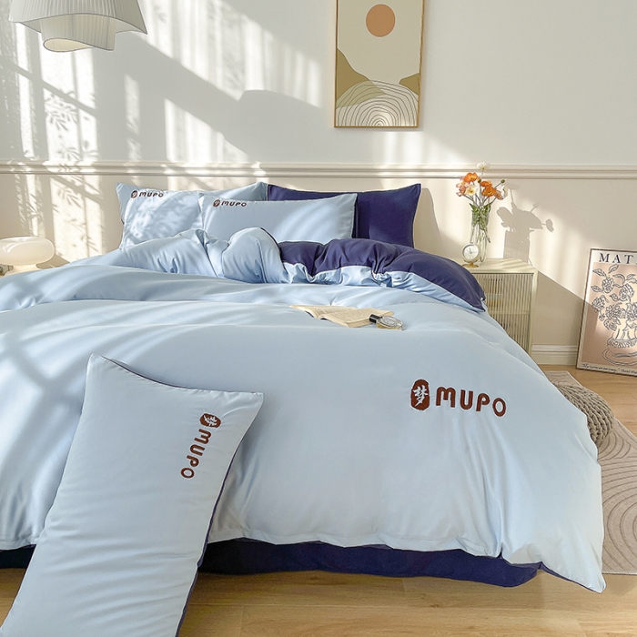 91家纺网 家纺一手货源 找家纺 曼谷 新款纯色简约刺绣四件套柔软磨毛床上用品水洗棉套件 梦-蓝藏青