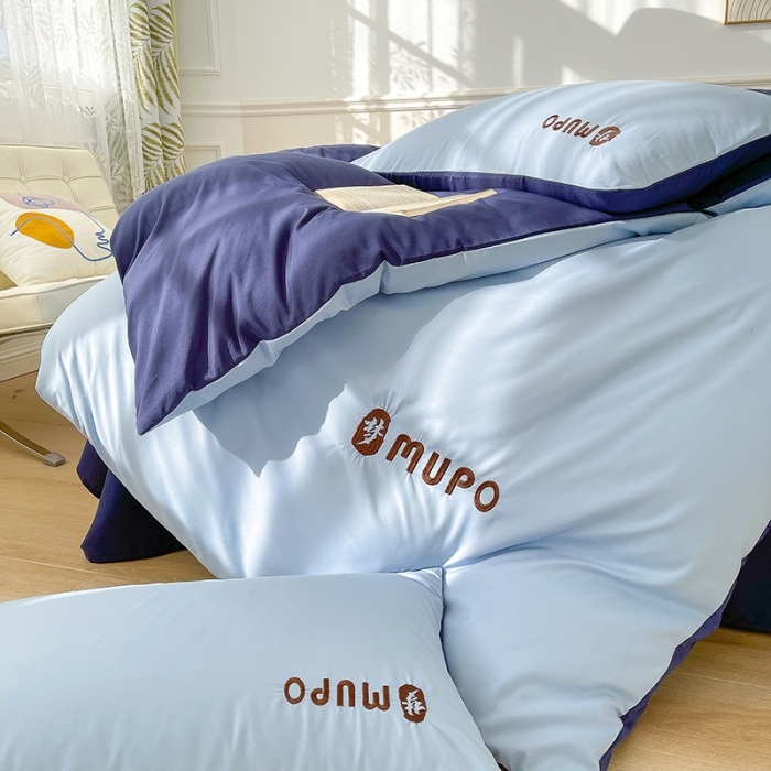 91家纺网 家纺一手货源 找家纺 曼谷 新款纯色简约刺绣四件套柔软磨毛床上用品水洗棉套件 梦-蓝藏青