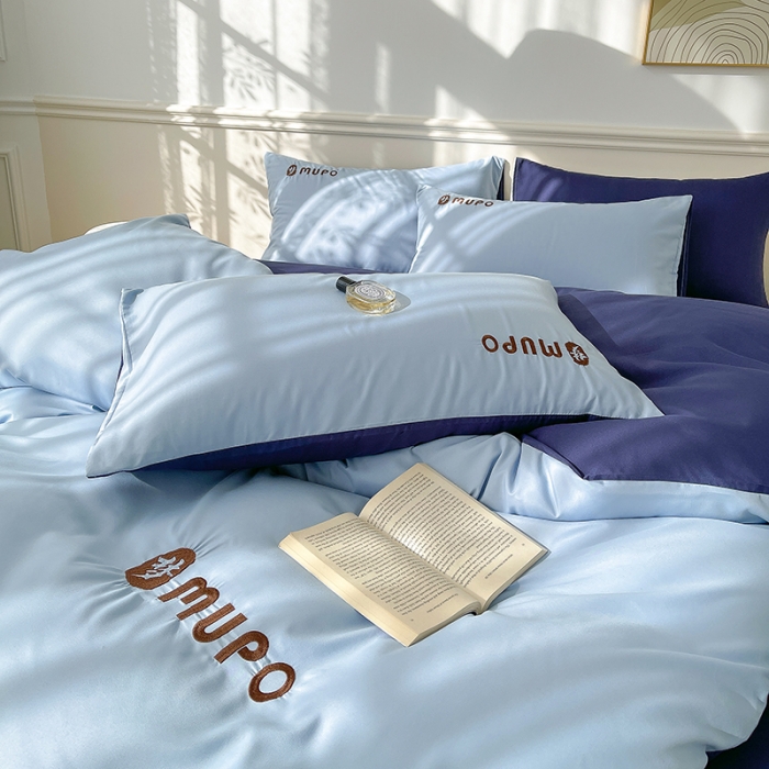 91家纺网 家纺一手货源 找家纺 曼谷 新款纯色简约刺绣四件套柔软磨毛床上用品水洗棉套件 梦-蓝藏青