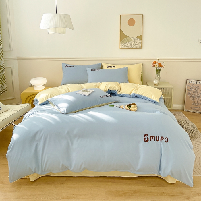 91家纺网 家纺一手货源 找家纺 曼谷 新款纯色简约刺绣四件套柔软磨毛床上用品水洗棉套件 梦-蓝芝士