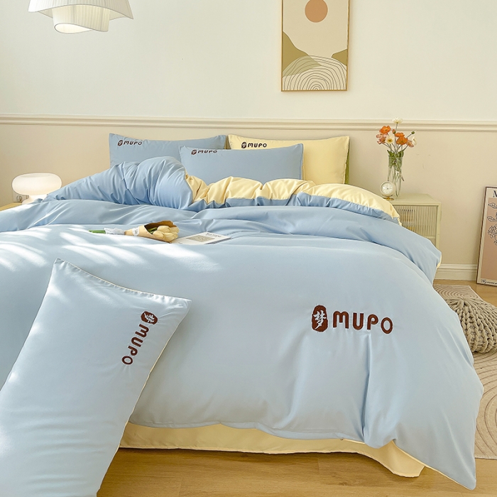 91家纺网 家纺一手货源 找家纺 曼谷 新款纯色简约刺绣四件套柔软磨毛床上用品水洗棉套件 梦-蓝芝士