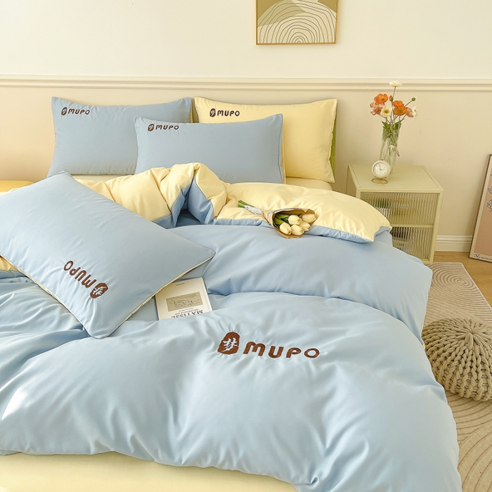 91家纺网 家纺一手货源 找家纺 曼谷 新款纯色简约刺绣四件套柔软磨毛床上用品水洗棉套件 梦-蓝芝士