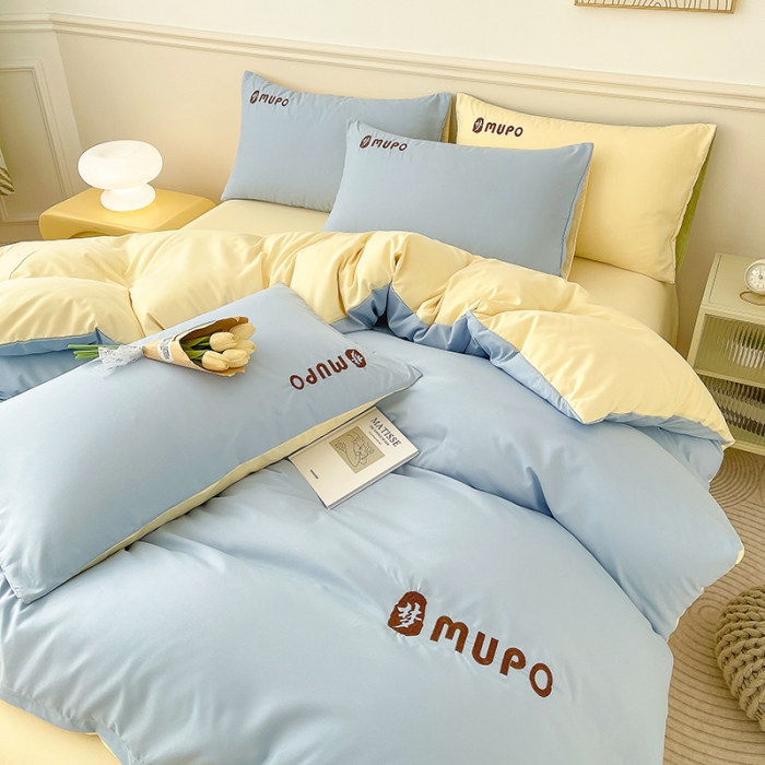 91家纺网 家纺一手货源 找家纺 曼谷 新款纯色简约刺绣四件套柔软磨毛床上用品水洗棉套件 梦-蓝芝士