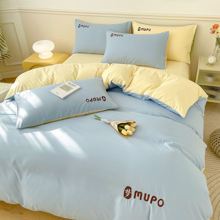 91家纺网 家纺一手货源 找家纺 曼谷 新款纯色简约刺绣四件套柔软磨毛床上用品水洗棉套件 梦-蓝芝士