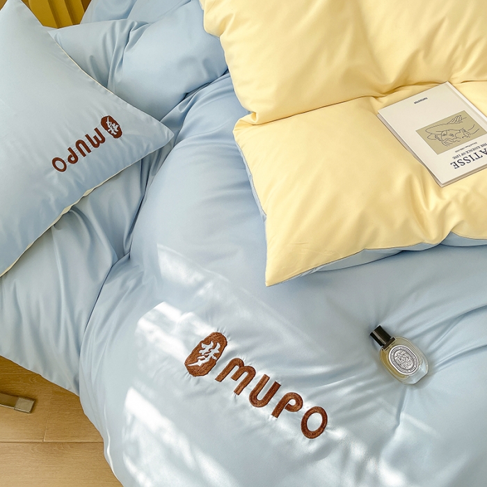 91家纺网 家纺一手货源 找家纺 曼谷 新款纯色简约刺绣四件套柔软磨毛床上用品水洗棉套件 梦-蓝芝士