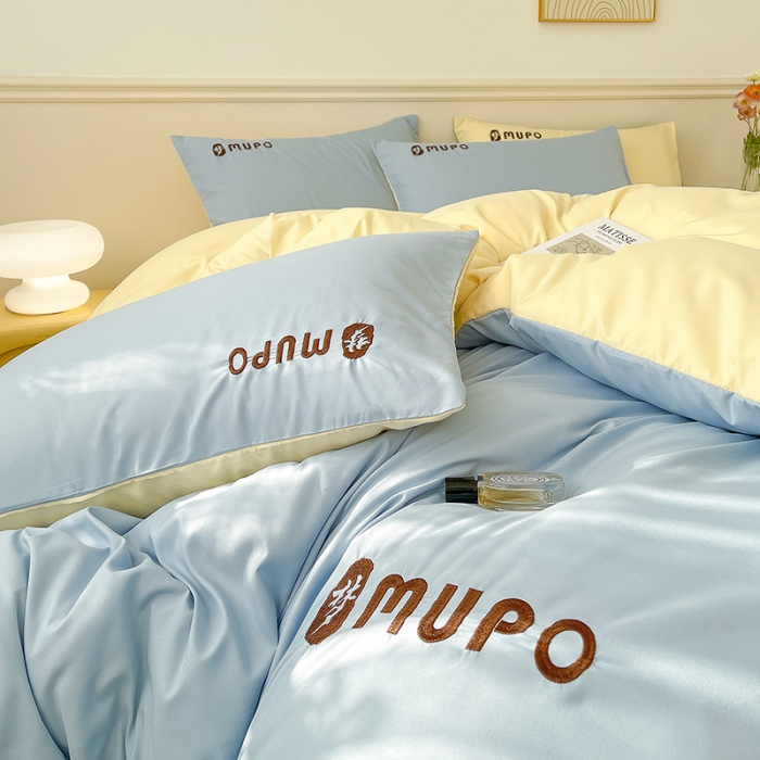 91家纺网 家纺一手货源 找家纺 曼谷 新款纯色简约刺绣四件套柔软磨毛床上用品水洗棉套件 梦-蓝芝士