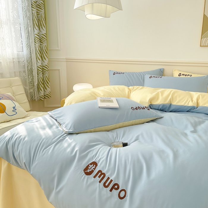 91家纺网 家纺一手货源 找家纺 曼谷 新款纯色简约刺绣四件套柔软磨毛床上用品水洗棉套件 梦-蓝芝士