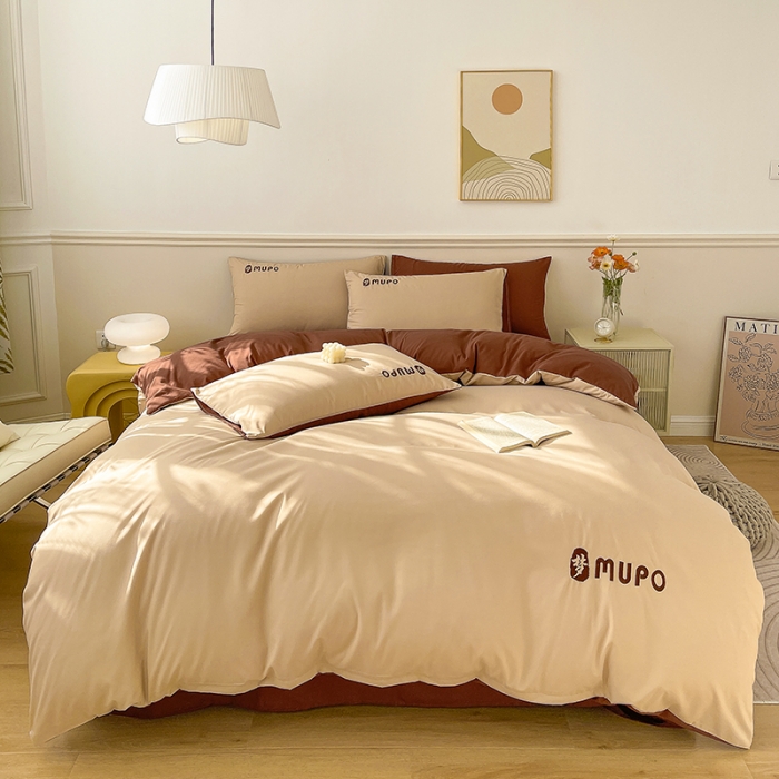 91家纺网 家纺一手货源 找家纺 曼谷 新款纯色简约刺绣四件套柔软磨毛床上用品水洗棉套件 梦-奶咖